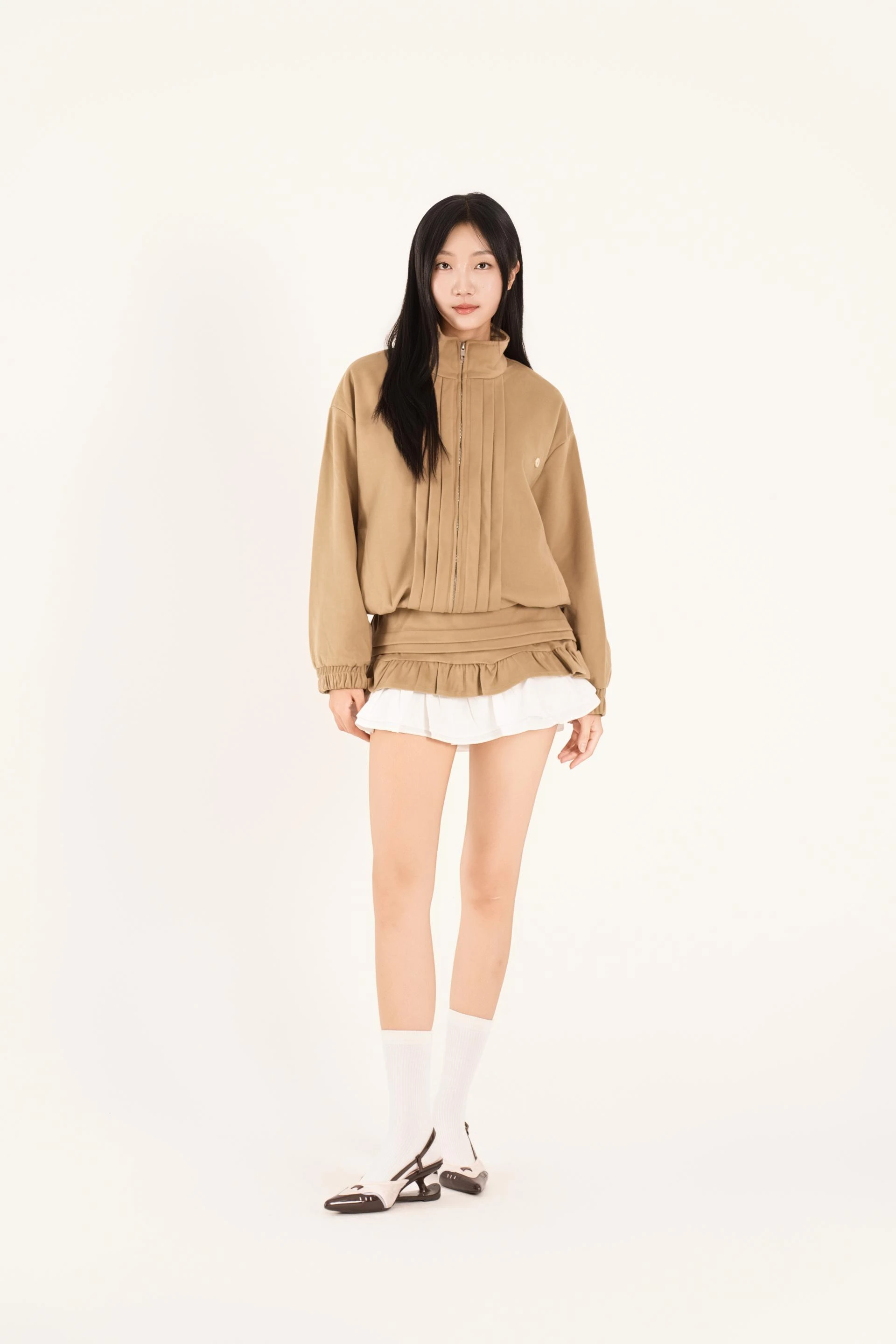 하이넥 핀턱 러플 스커트 셋업