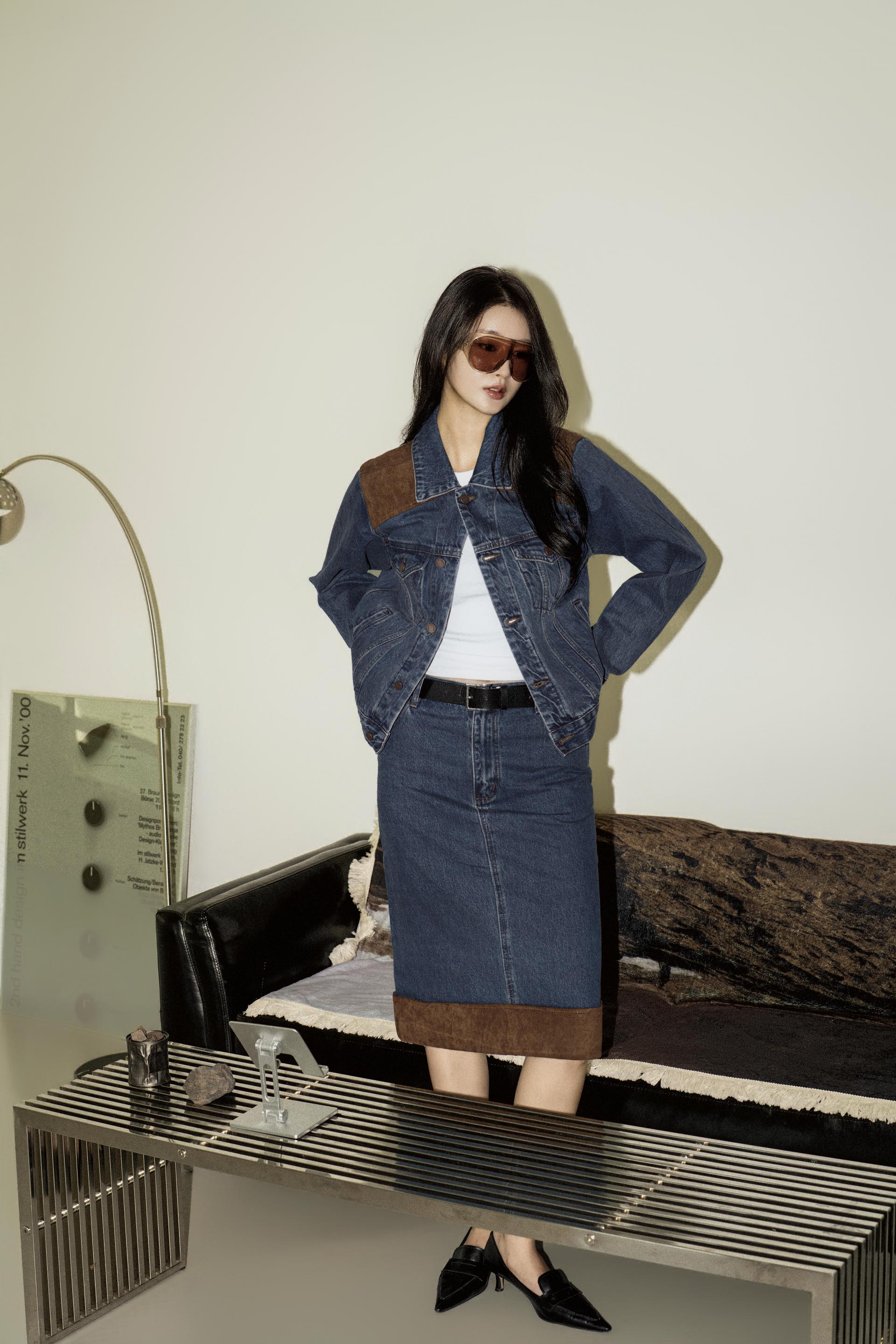 웨스턴 배색 데님 스커트 셋업