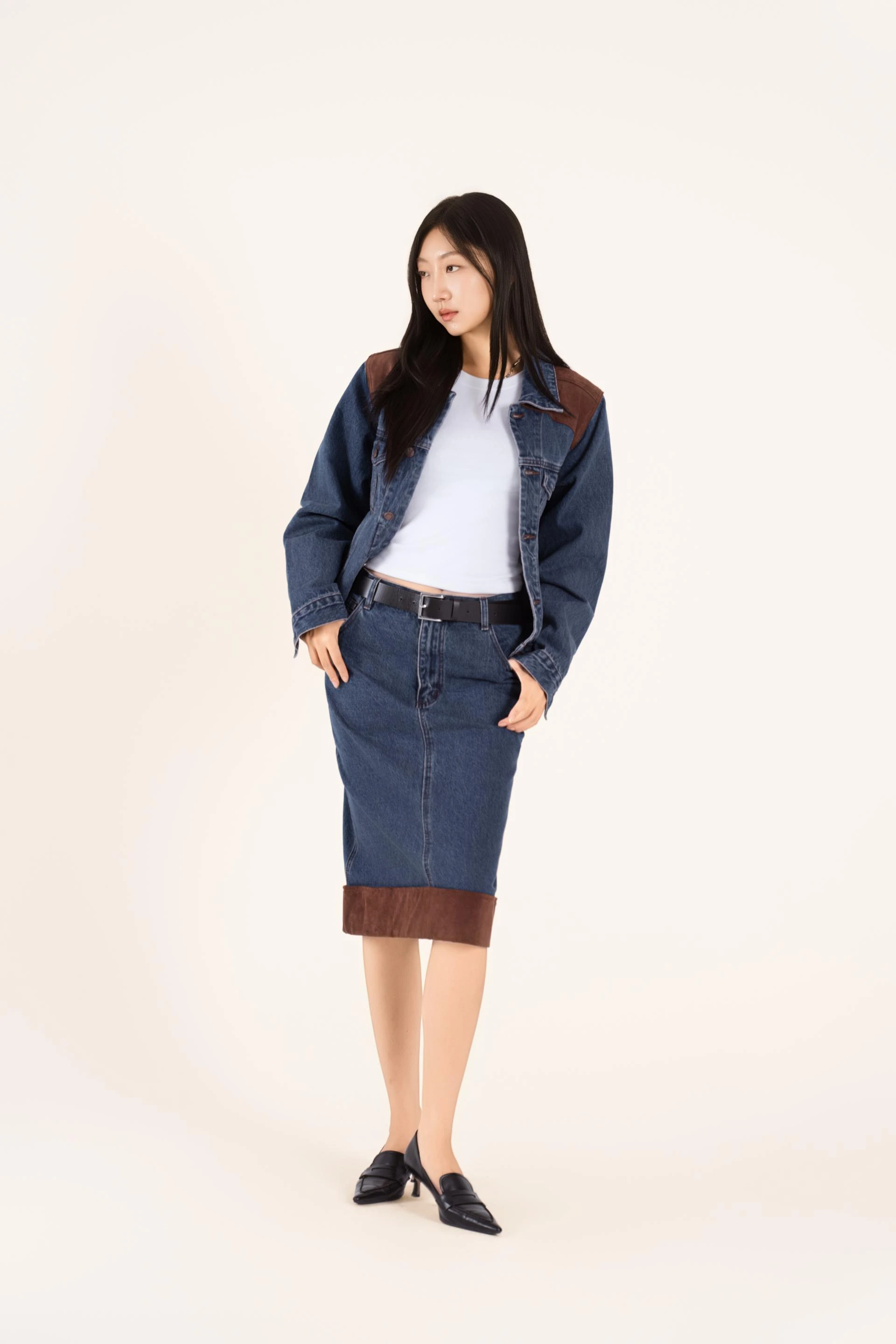 웨스턴 배색 데님 스커트 셋업