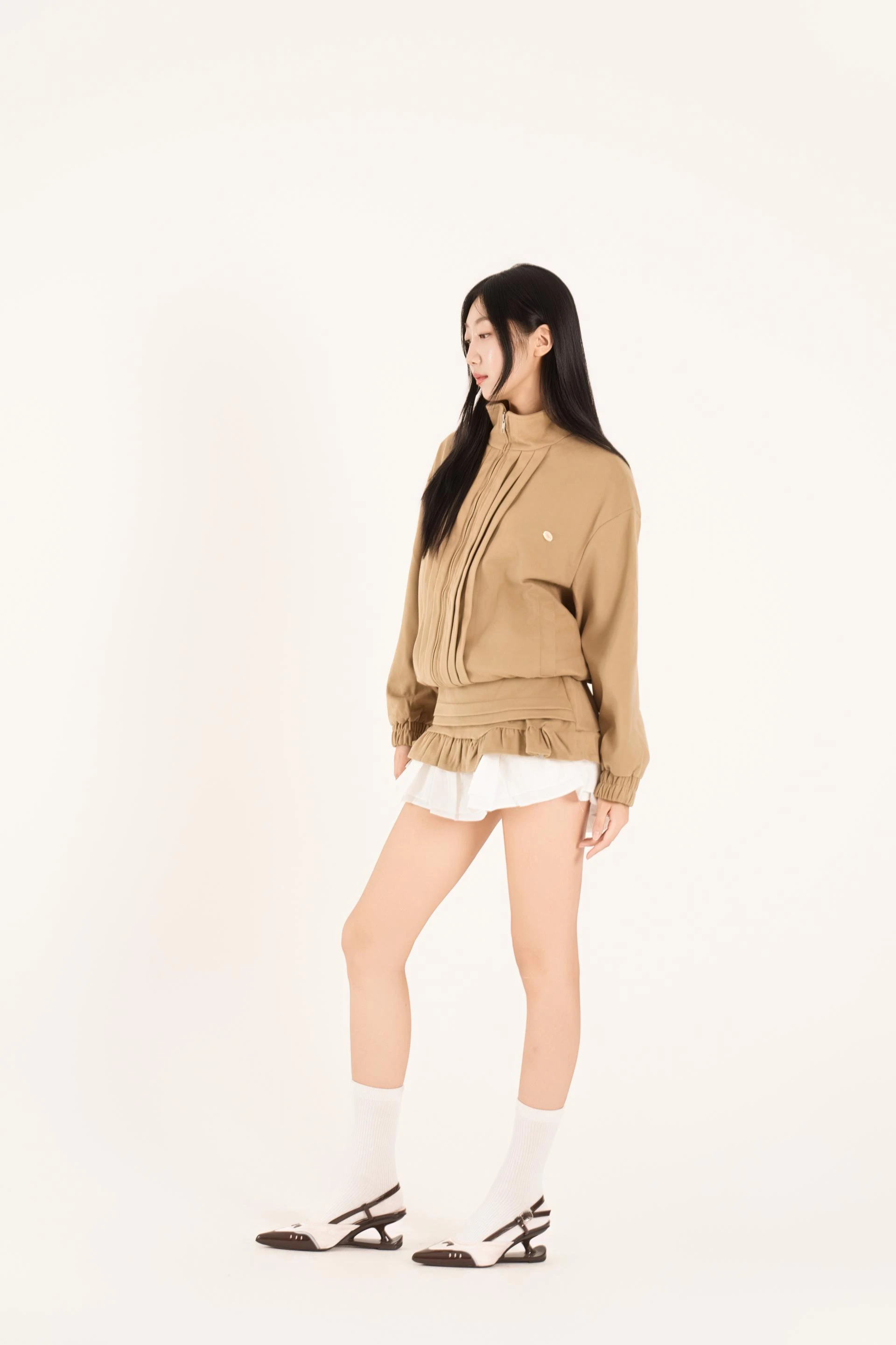 하이넥 핀턱 러플 스커트 셋업