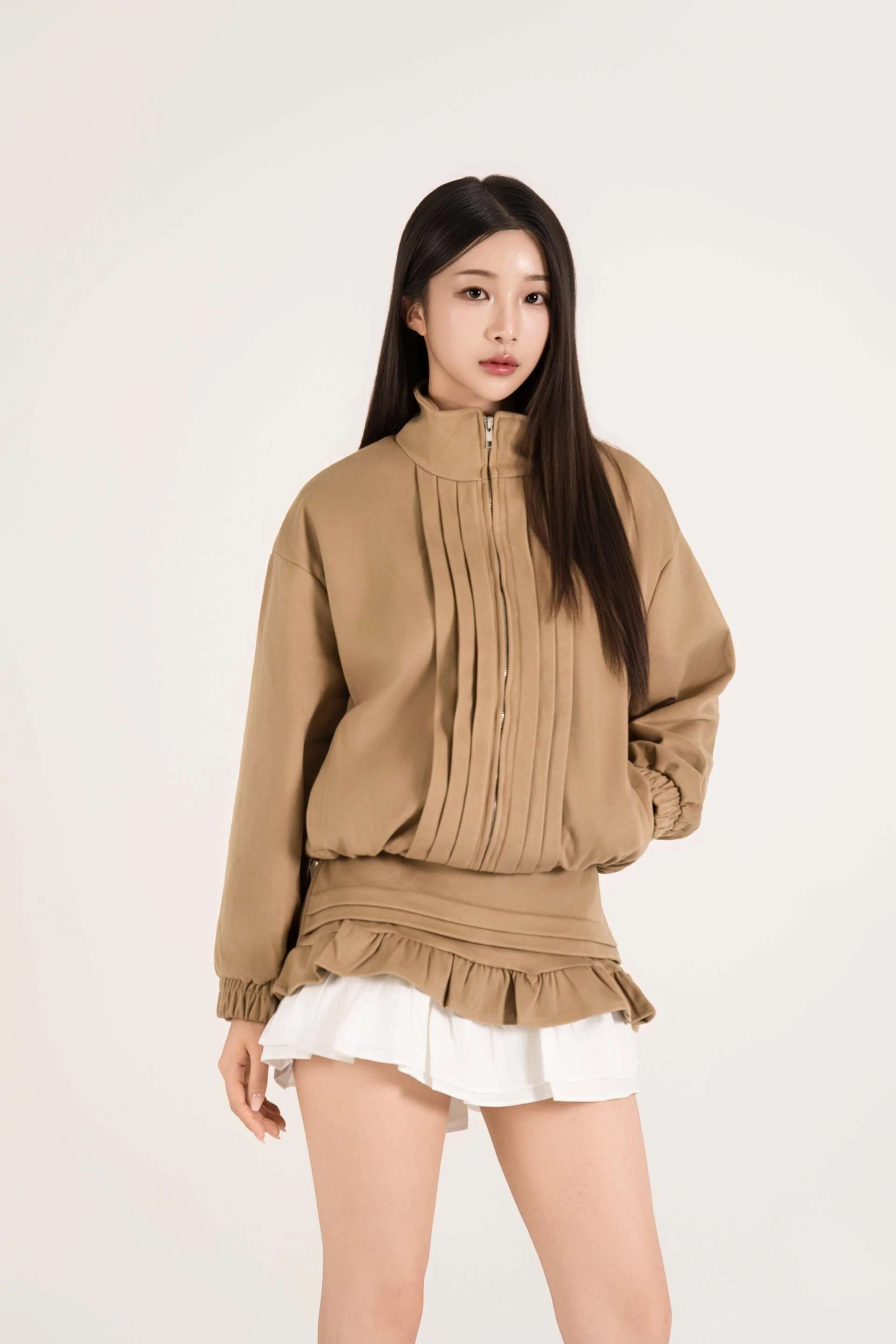 하이넥 핀턱 러플 스커트 셋업