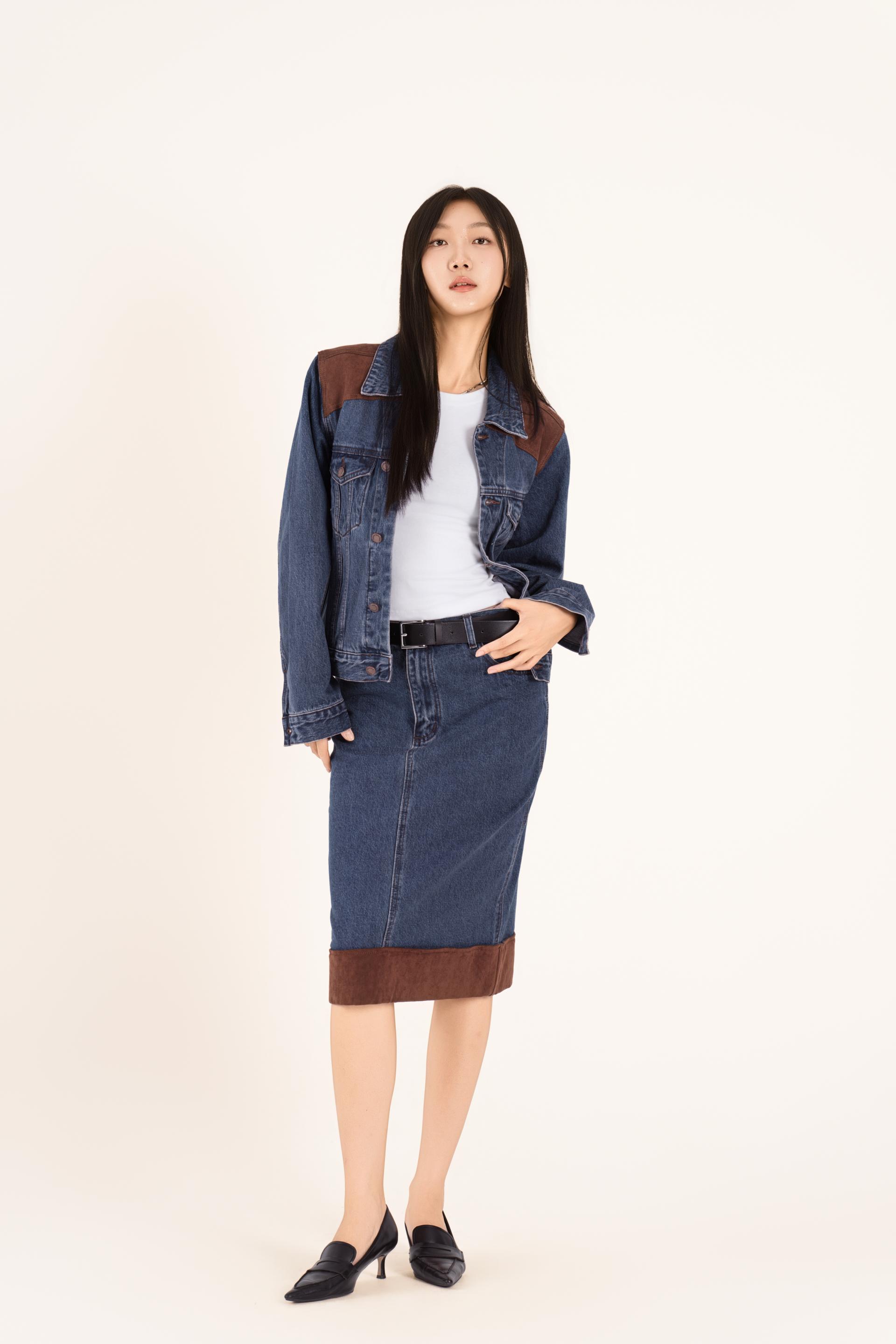 웨스턴 배색 데님 스커트 셋업