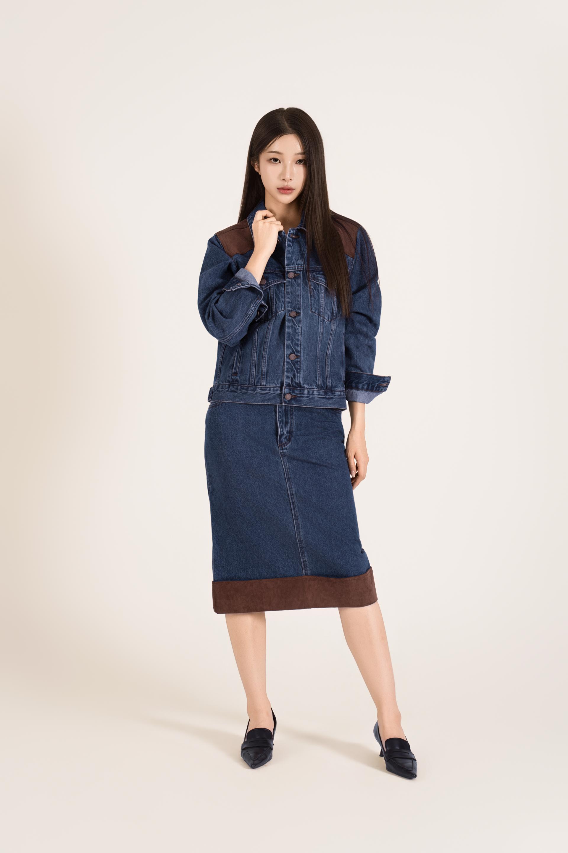 웨스턴 배색 데님 스커트 셋업