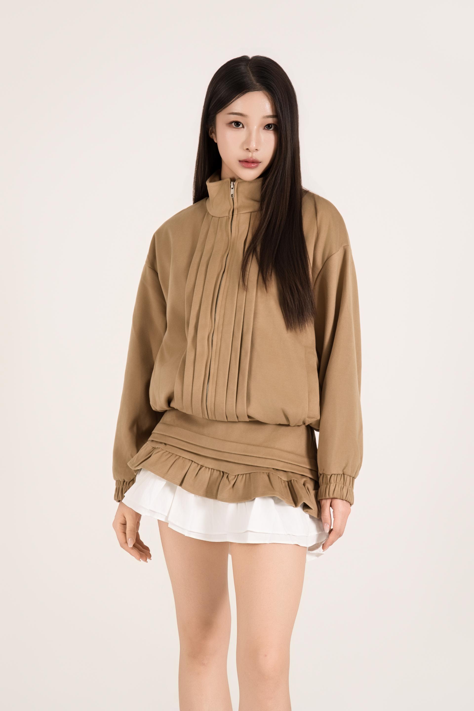 하이넥 핀턱 러플 스커트 셋업
