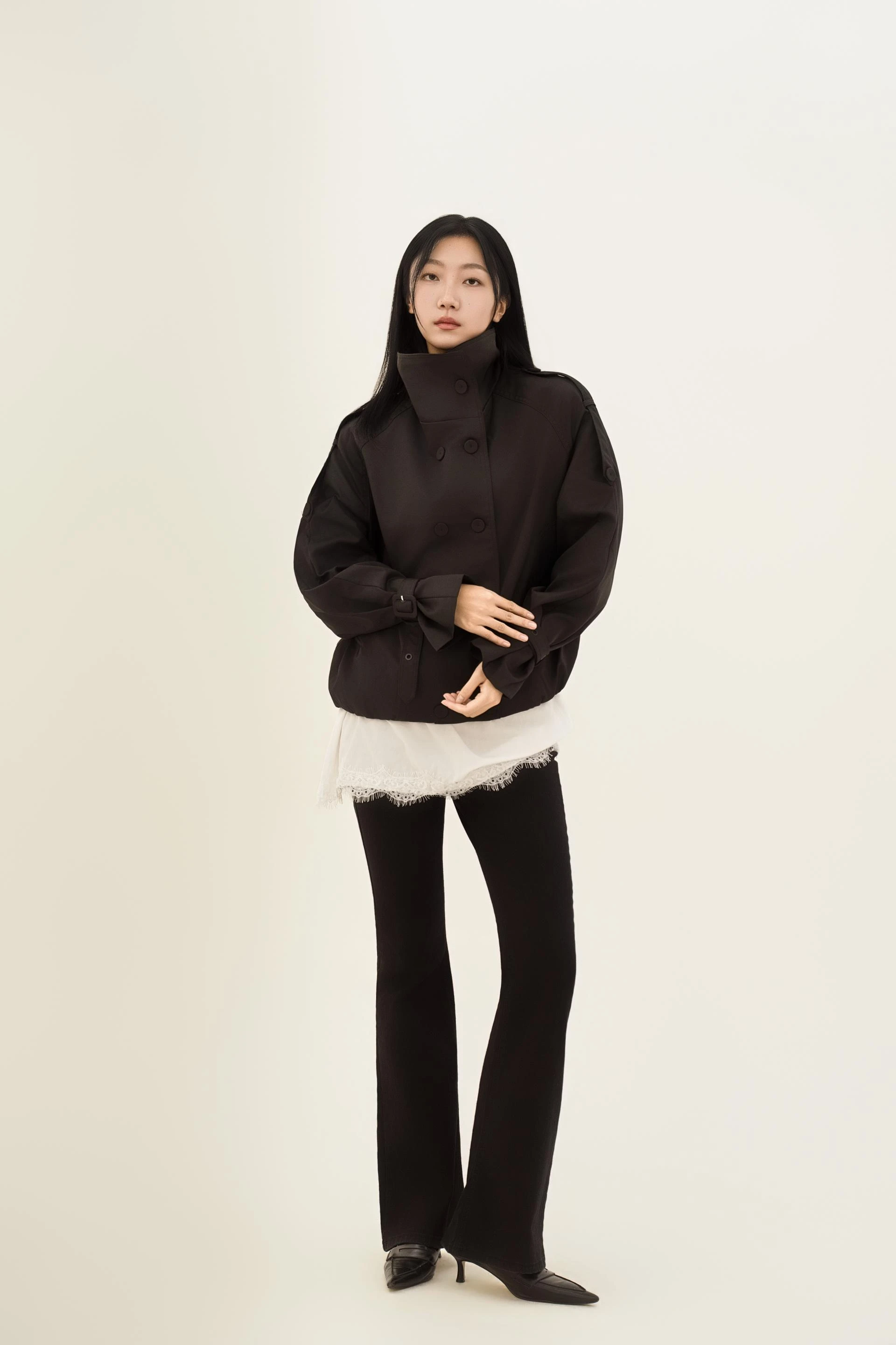 하이넥 더블 브레스티드 볼륨 트렌치 자켓