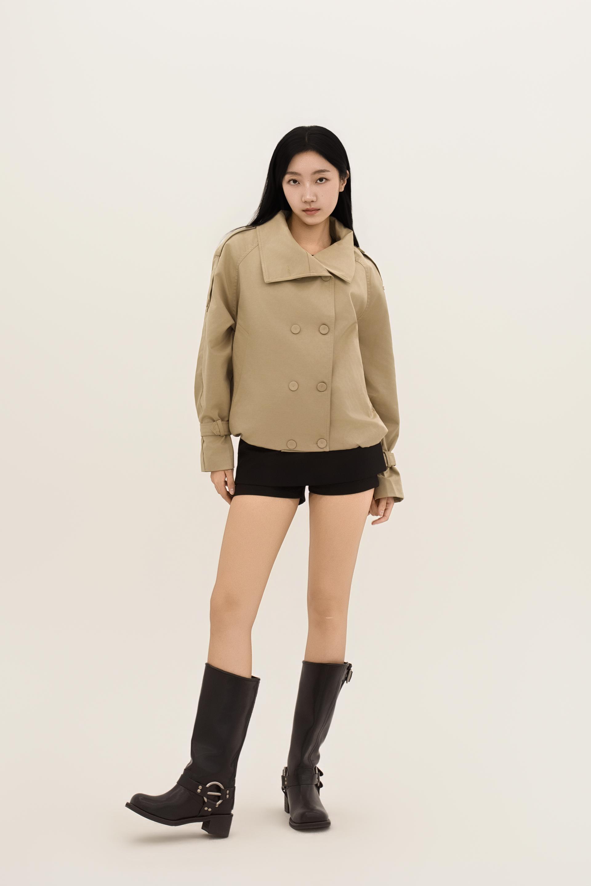하이넥 더블 브레스티드 볼륨 트렌치 자켓