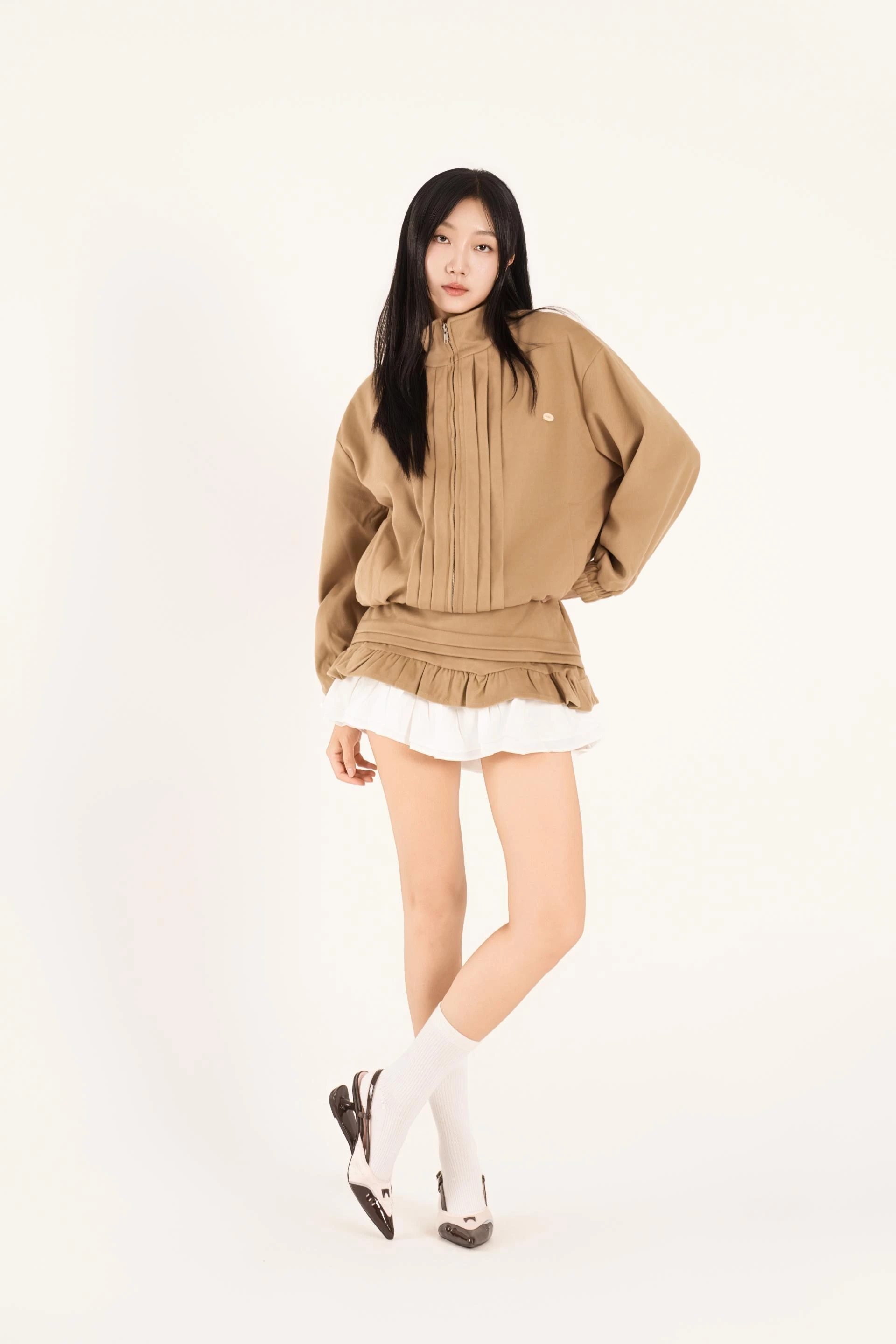 하이넥 핀턱 러플 스커트 셋업