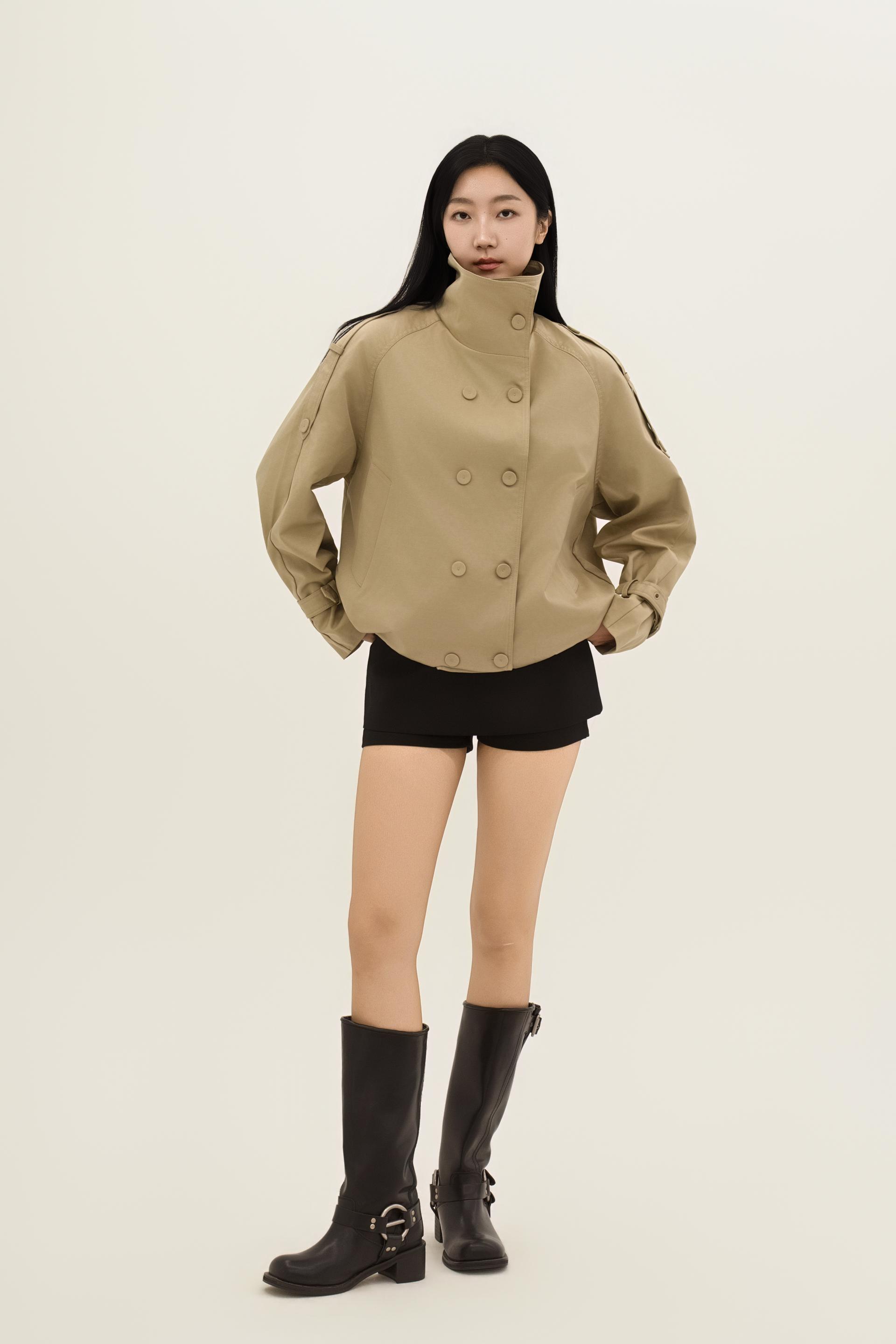 하이넥 더블 브레스티드 볼륨 트렌치 자켓