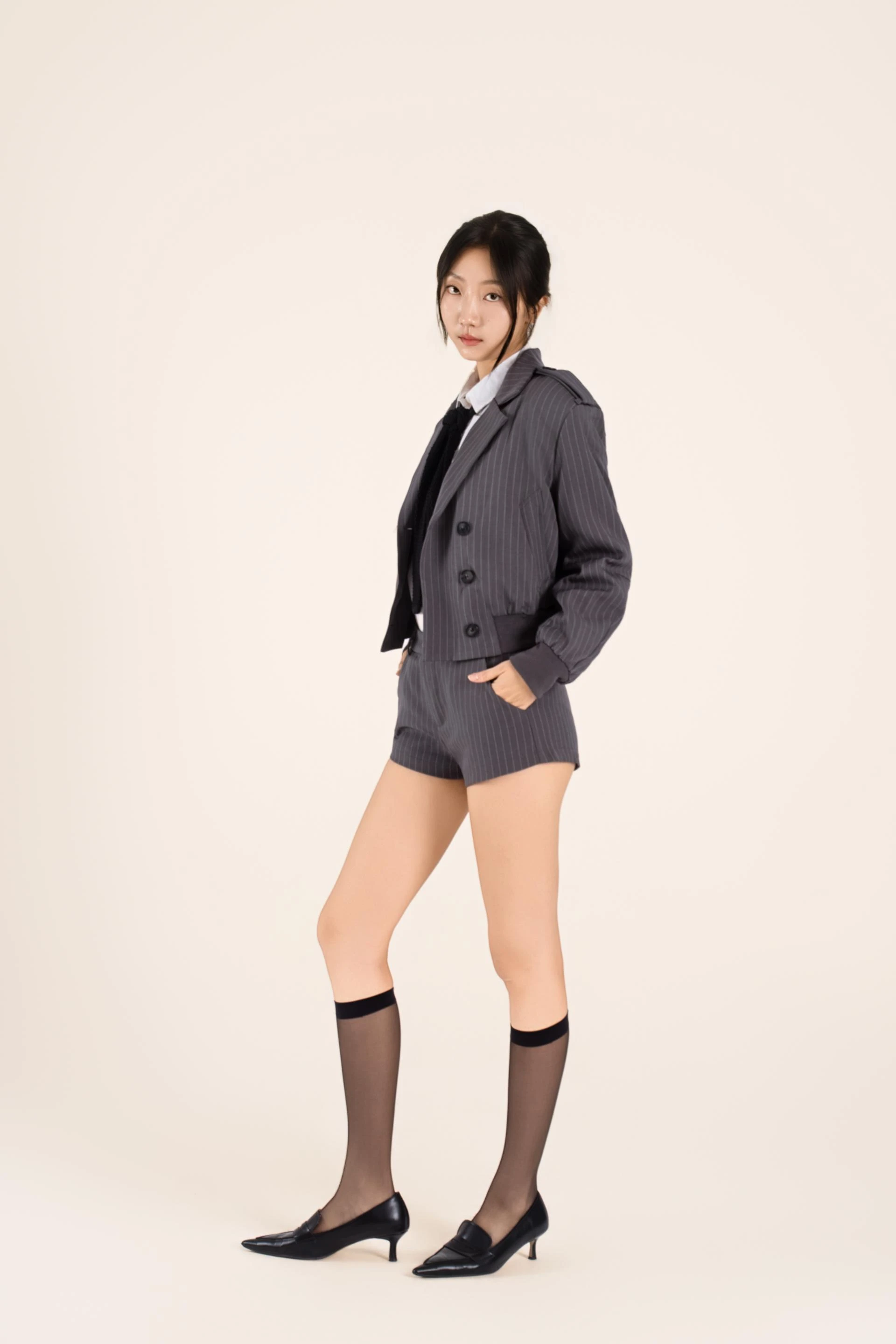 핀스트라이프 블루종 쇼츠 셋업