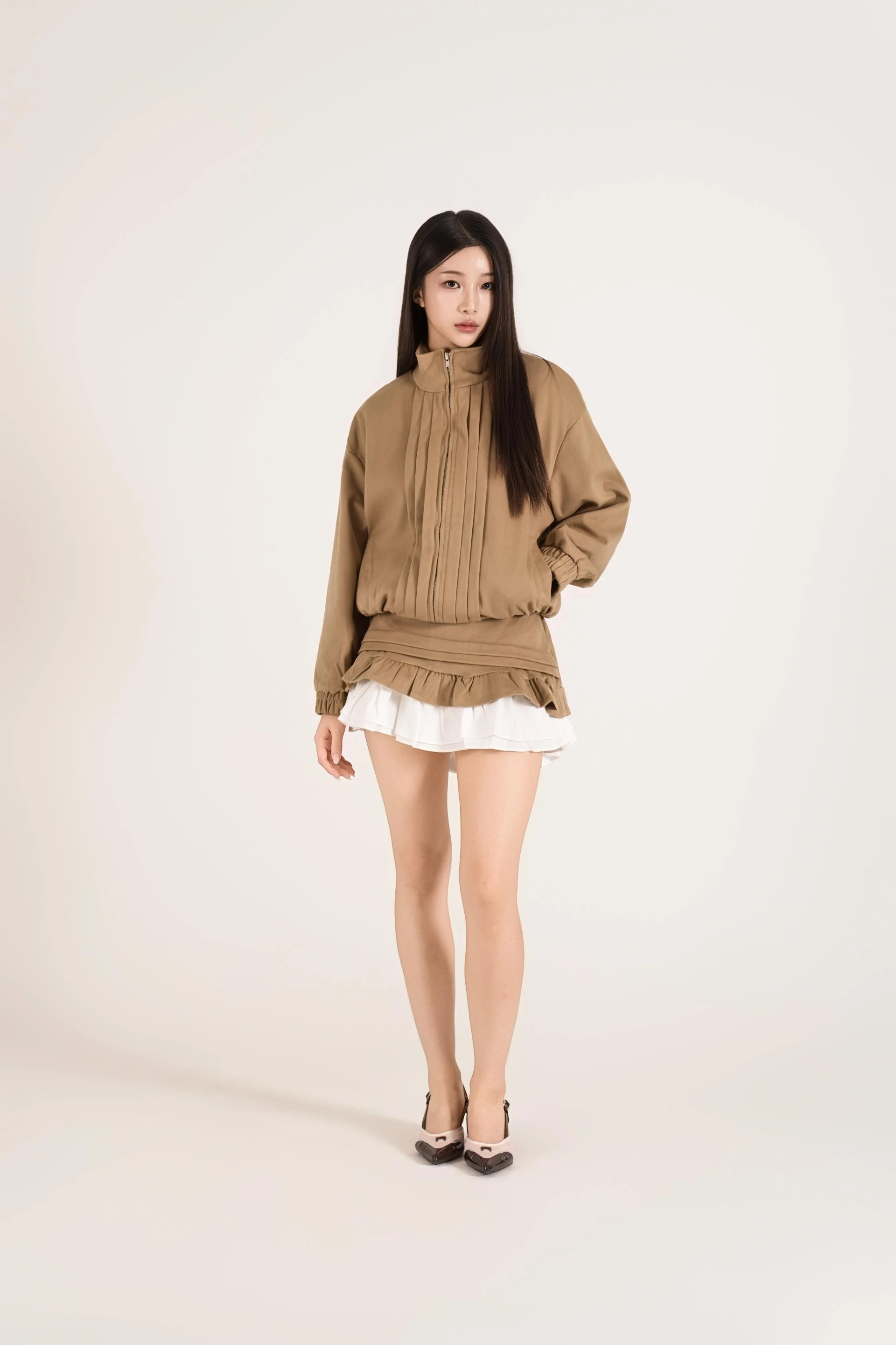 하이넥 핀턱 러플 스커트 셋업