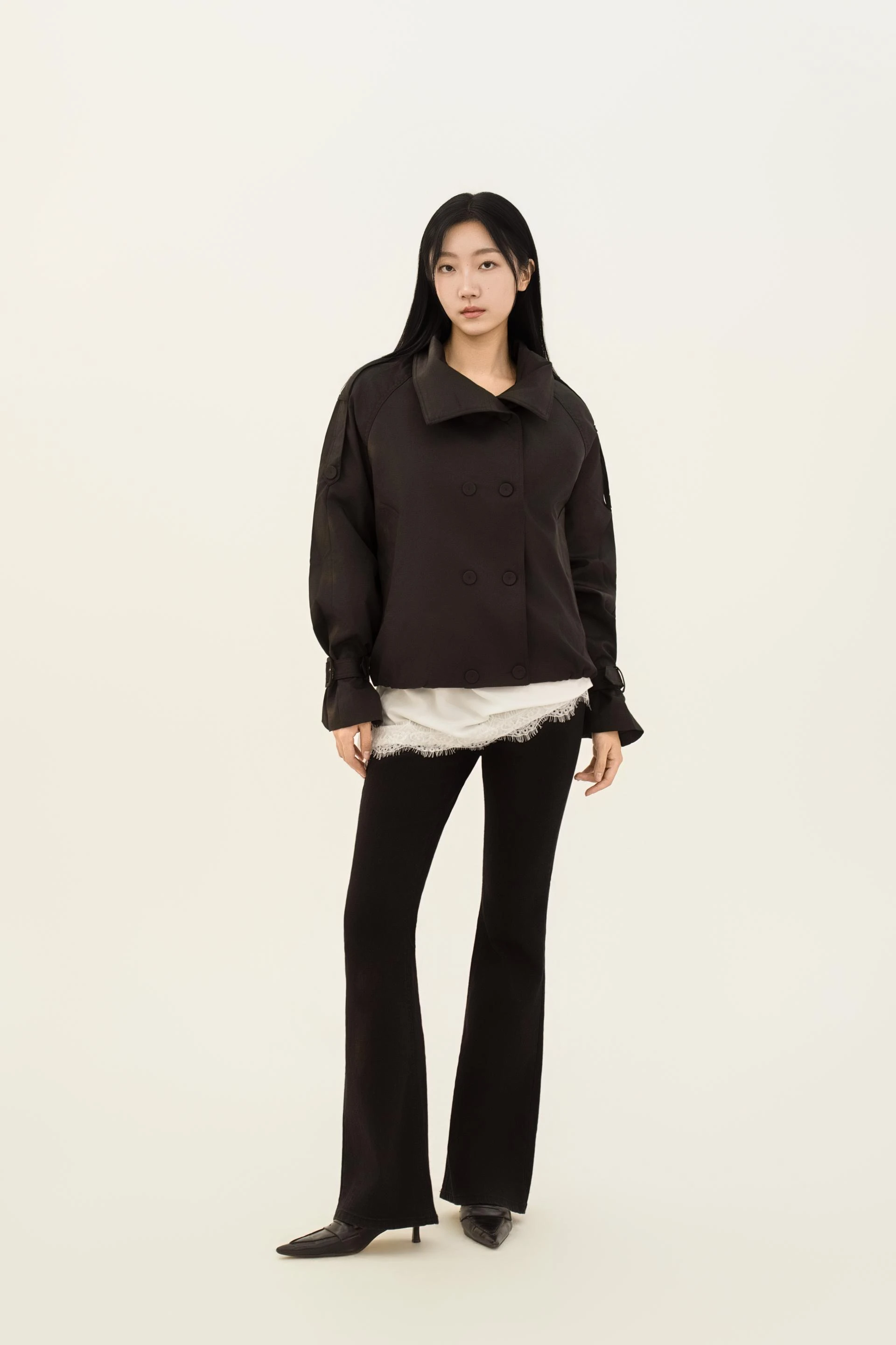 하이넥 더블 브레스티드 볼륨 트렌치 자켓