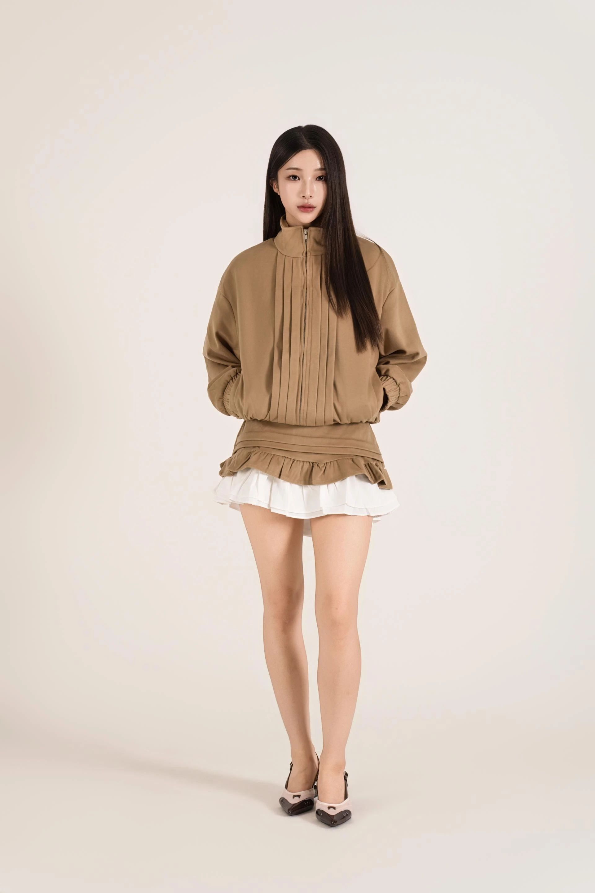 하이넥 핀턱 러플 스커트 셋업