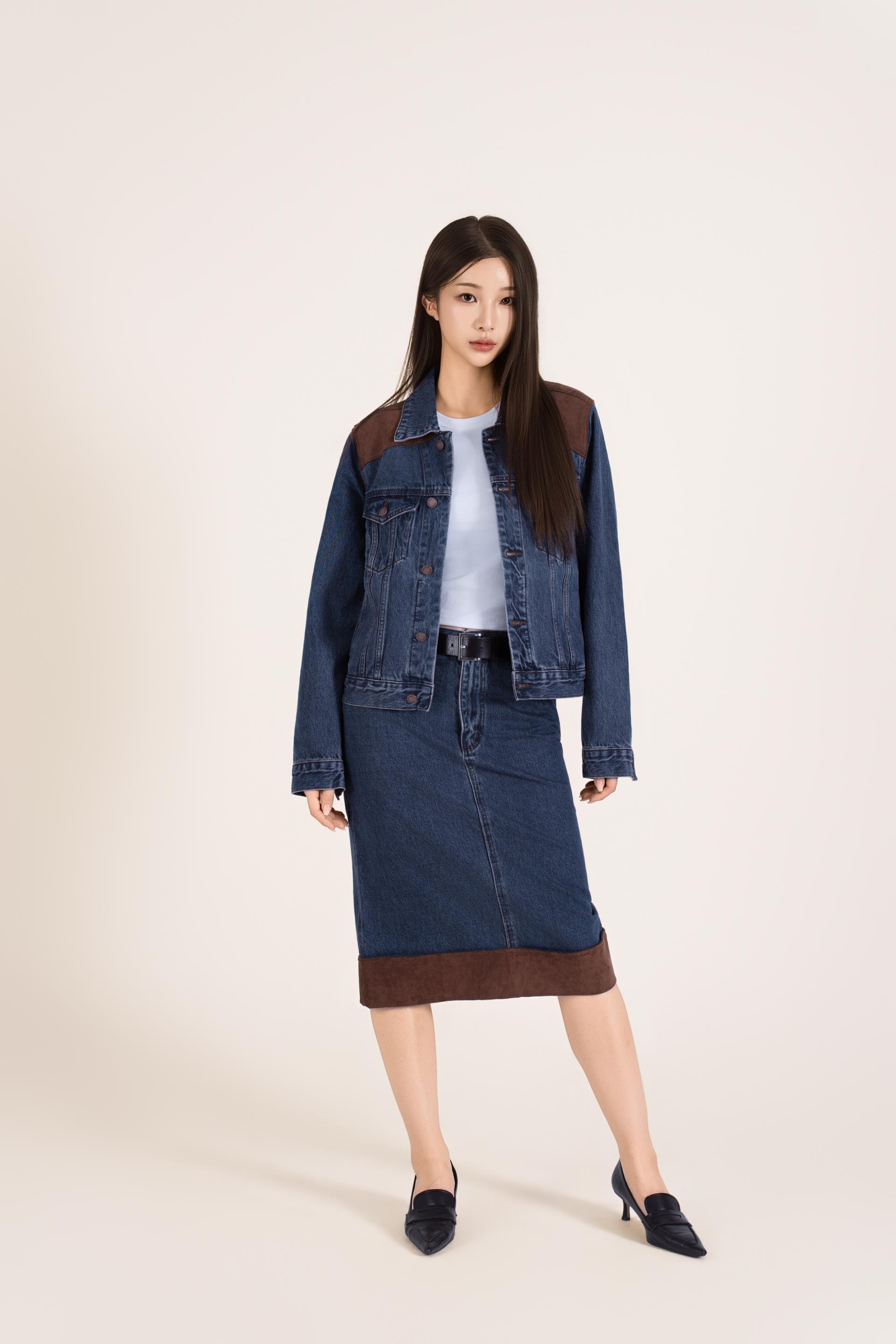 웨스턴 배색 데님 스커트 셋업