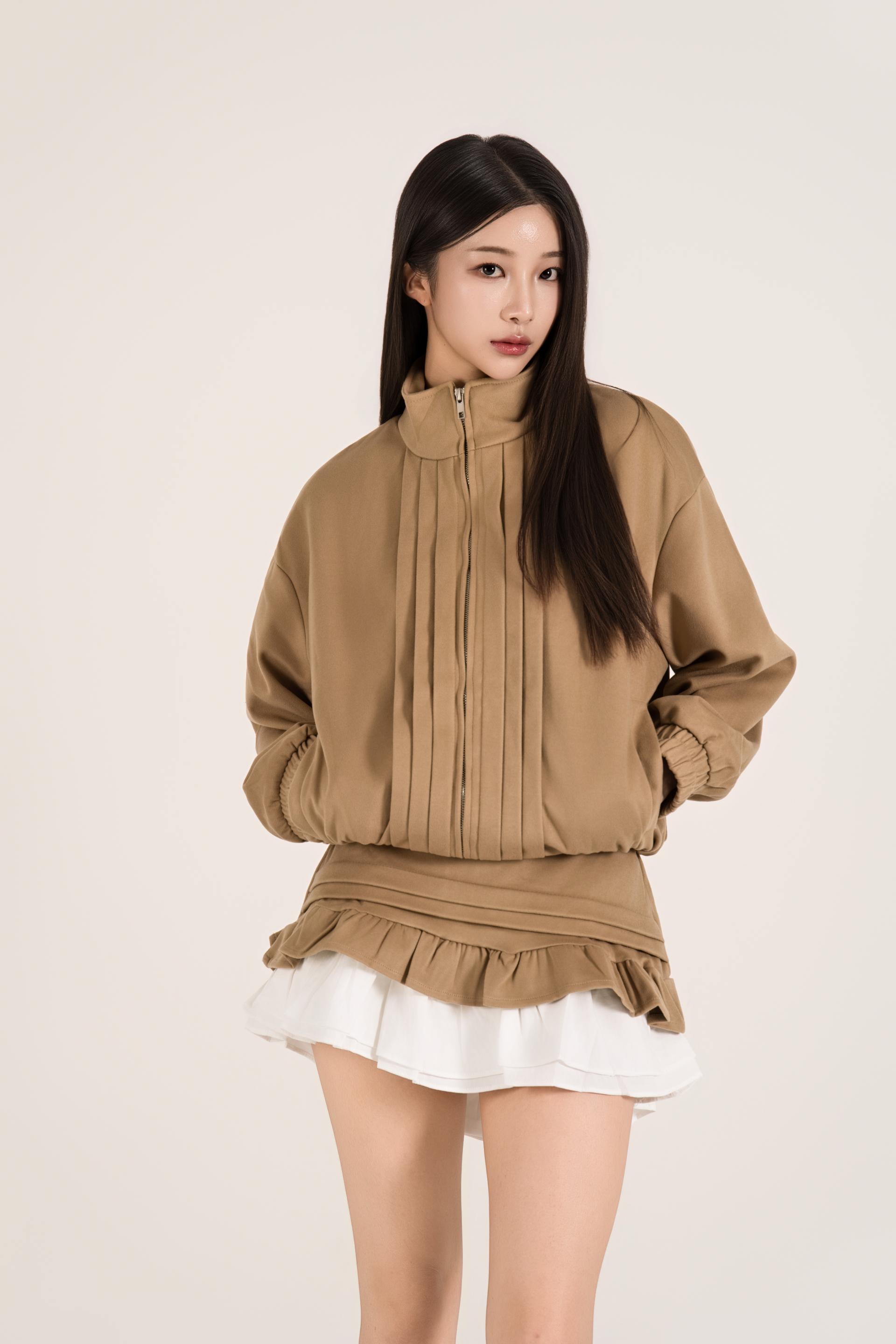 하이넥 핀턱 러플 스커트 셋업